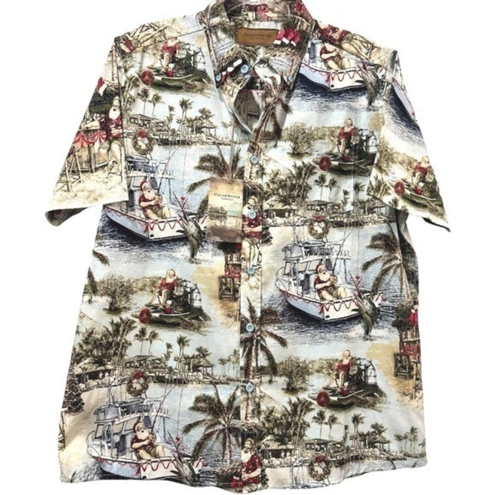Santa Aloha Fishing Clear Water Outfitters Holiday Hawaiian Shirt M‎ New